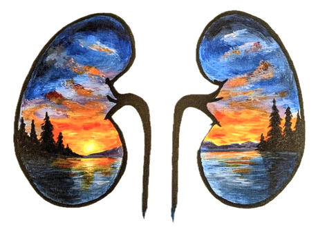 Obra d'art — dos ronyons amb paisatge de posta de sol